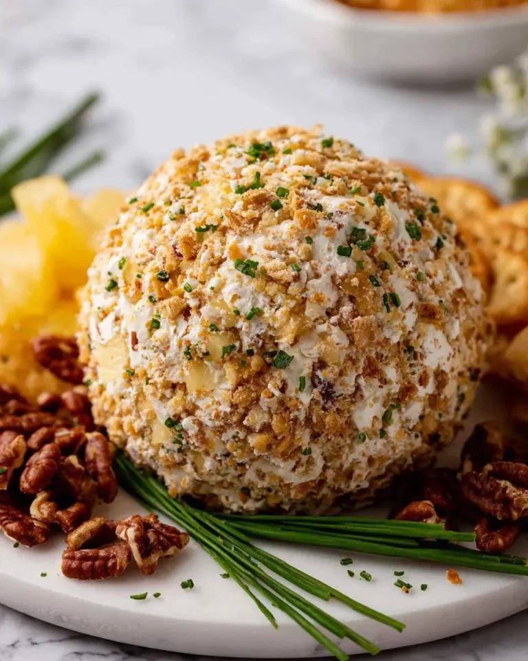 A pineapple cheese ball coated in crushed nuts and chives sits on a marble board with pecans and crackers.