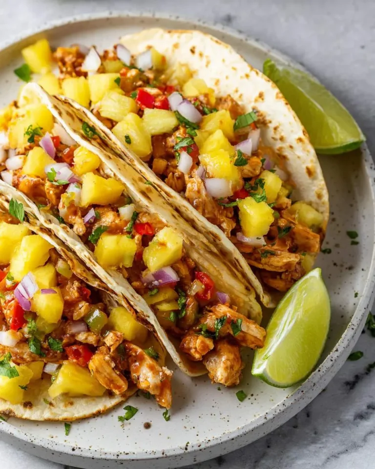 Three Pineapple Chicken Tacos topped with fresh pineapple salsa, red onion, and cilantro, served with lime wedges on a speckled plate.