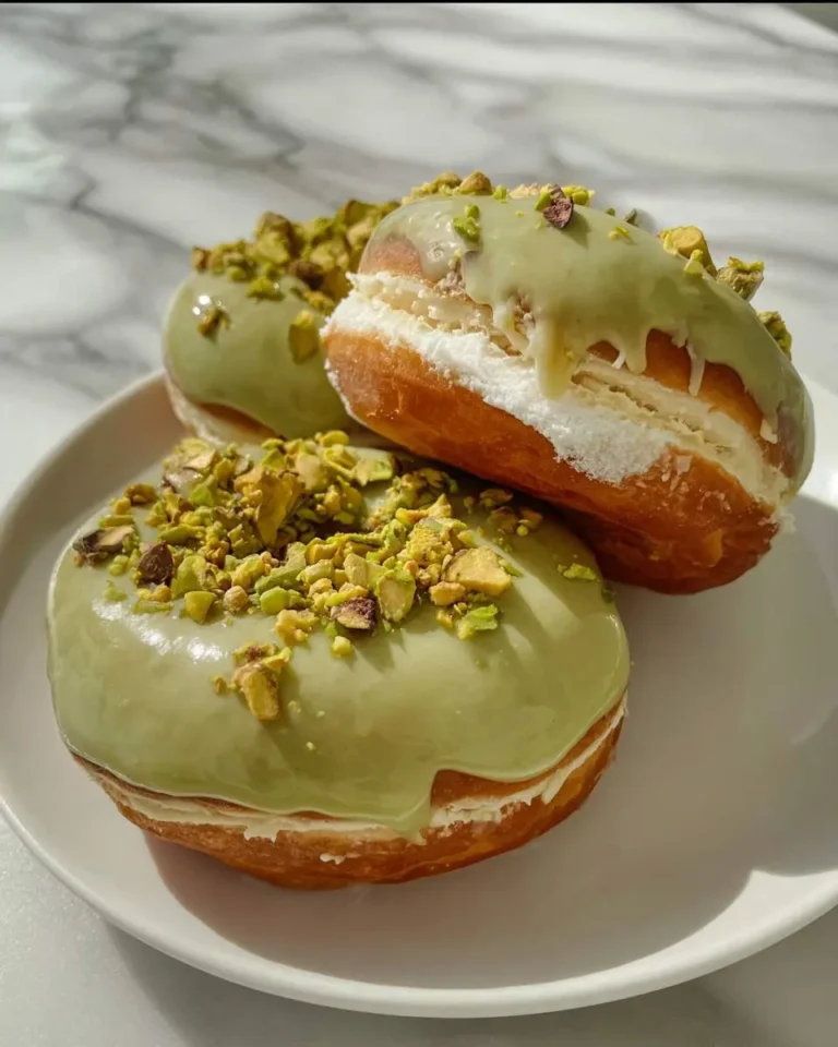 Three Pistachio Cream Stuffed Donut Rings topped with green glaze and crushed pistachios on a white plate.