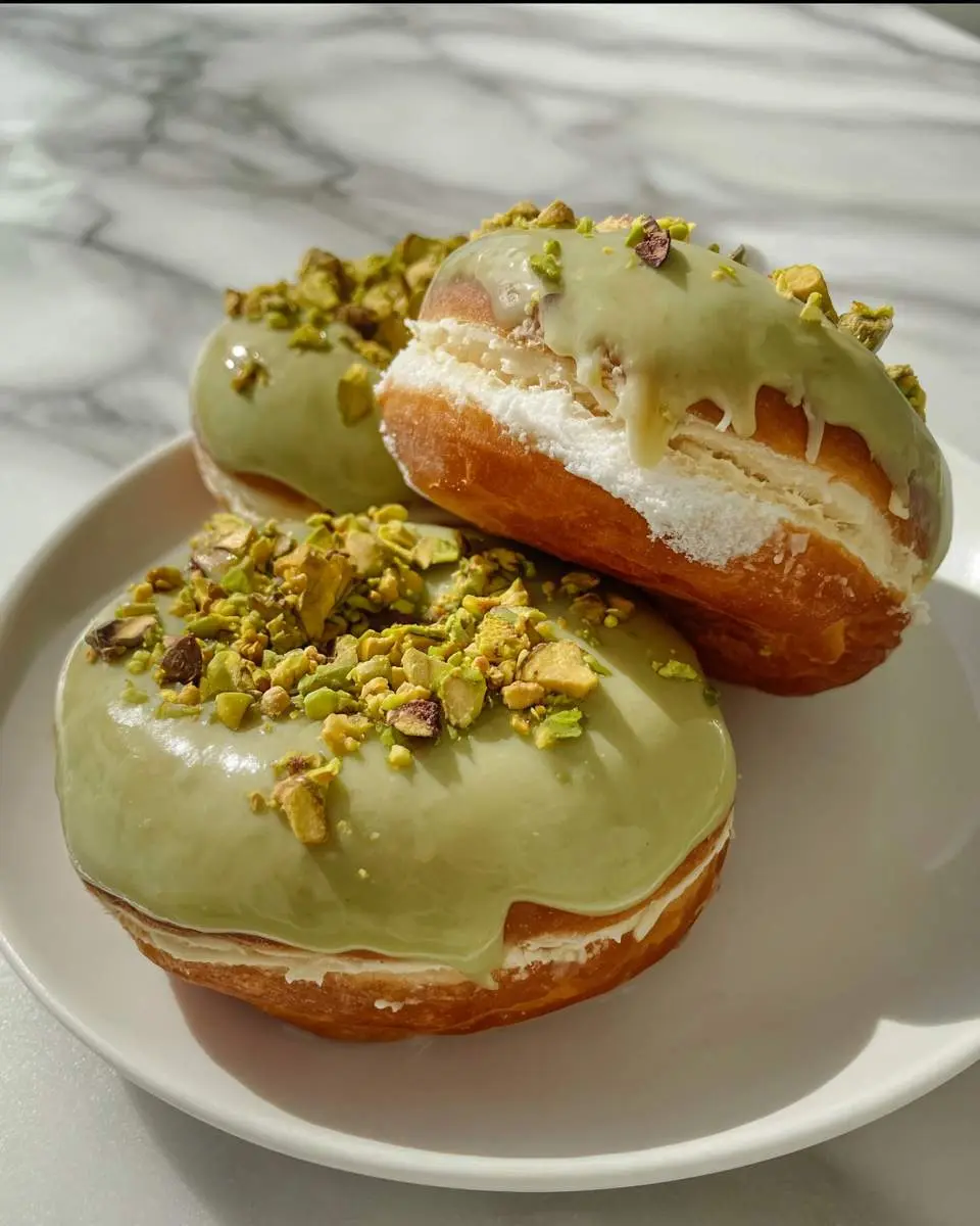 Three Pistachio Cream Stuffed Donut Rings topped with green glaze and crushed pistachios on a white plate.