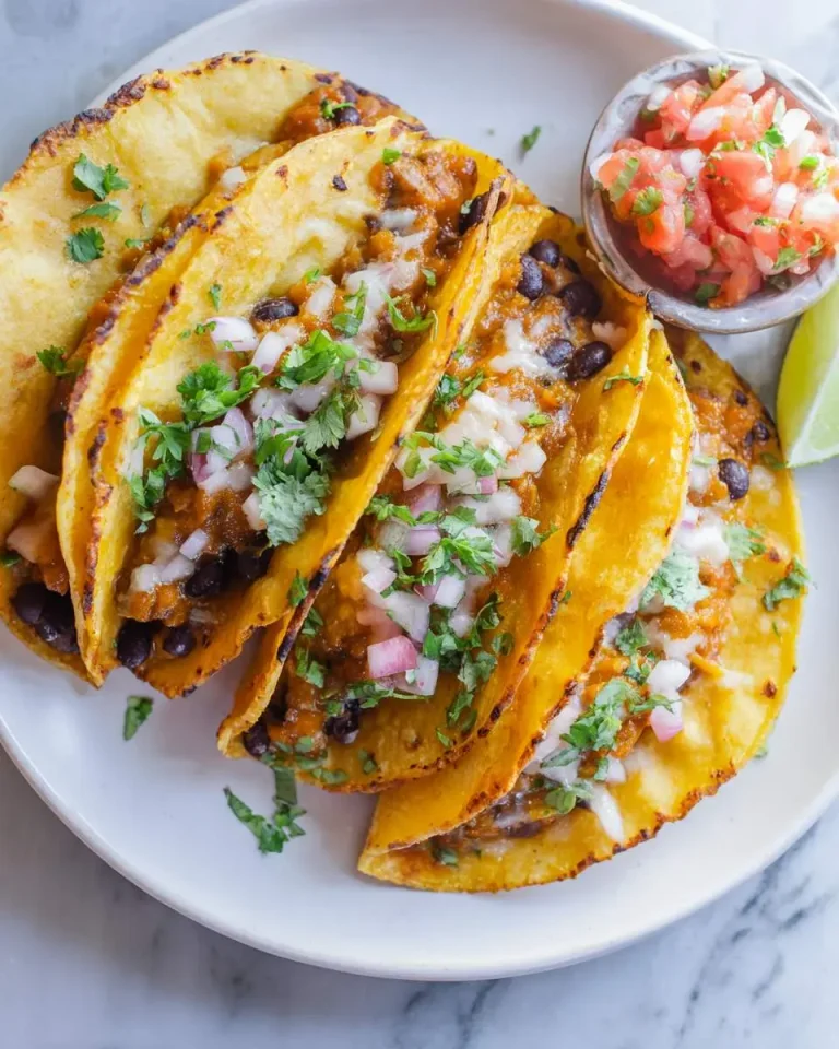 Four Pumpkin and Black Bean Tacos on a white plate topped with diced onion, cilantro, and a side of fresh salsa.