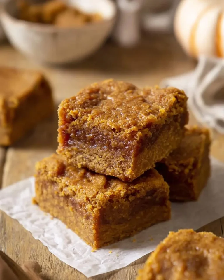 Stack of moist pumpkin blondies with golden-brown tops and soft, chewy centers on parchment paper.