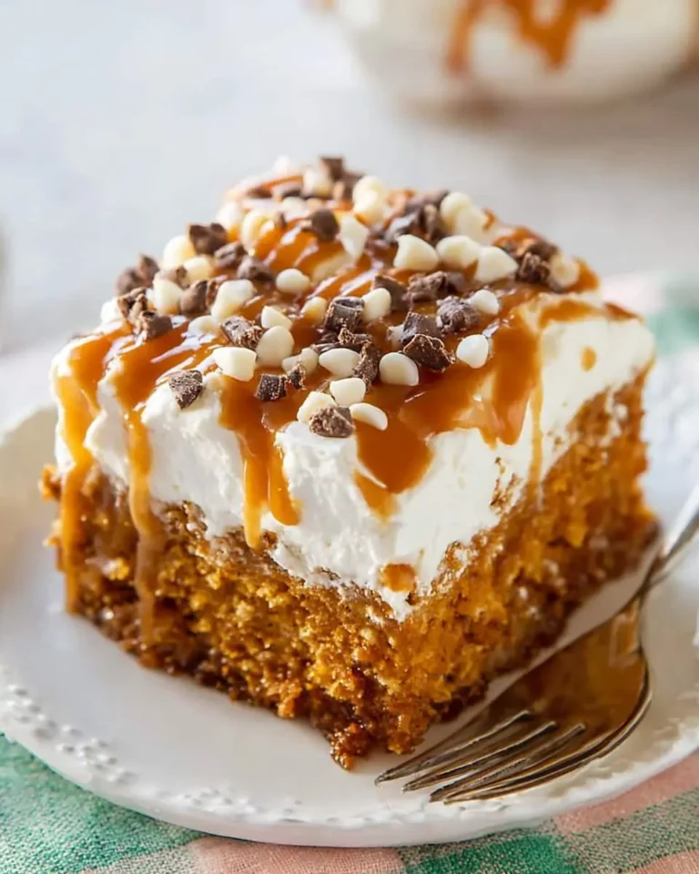 A slice of Pumpkin Caramel Poke Cake topped with whipped cream, caramel drizzle, and chocolate chips on a white plate.