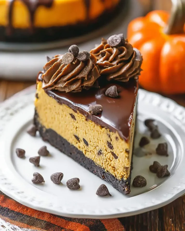 A slice of layered Pumpkin Chocolate Cheesecake with chocolate ganache, chocolate chips, and decorative frosting on a white plate.