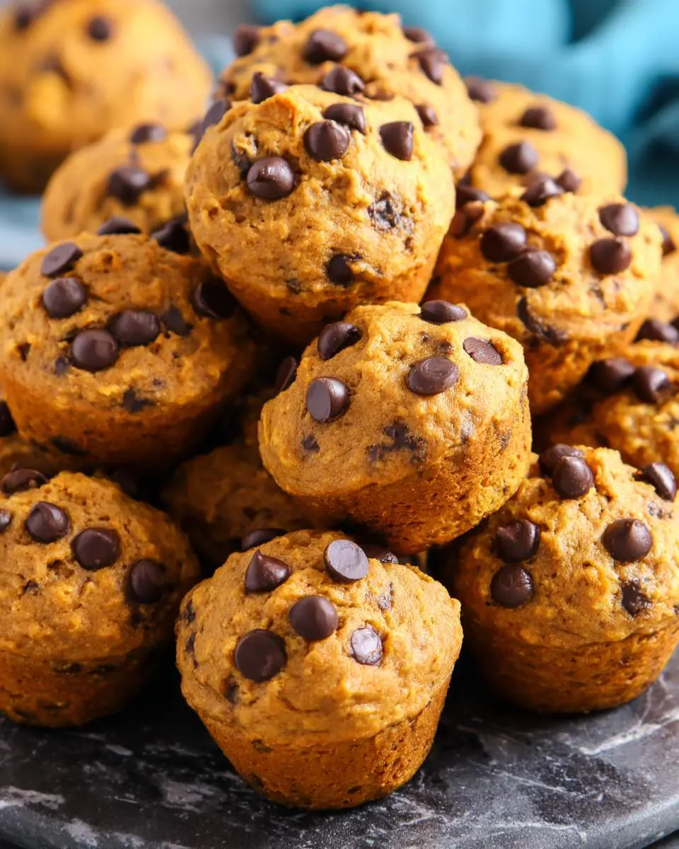 A stack of golden-brown Pumpkin Chocolate Chip Muffins topped with melty chocolate chips on a dark slate surface.