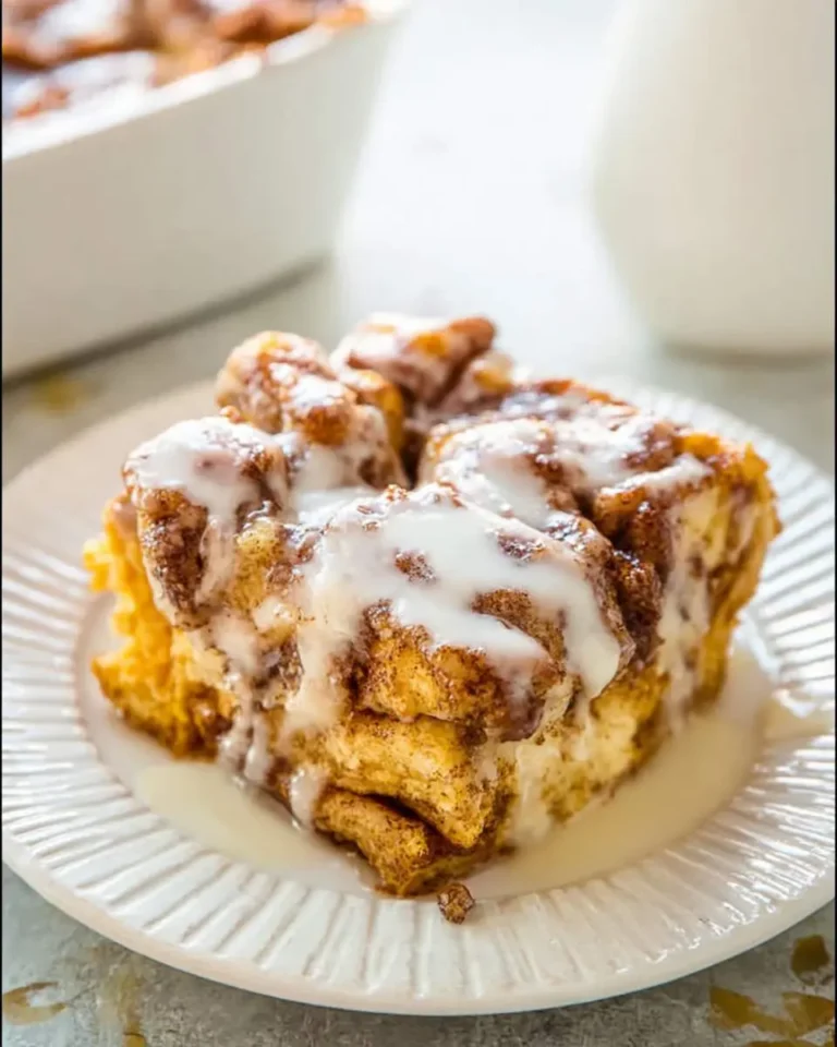 A serving of warm Pumpkin Cinnamon Roll Casserole drizzled with sweet glaze on a white plate.
