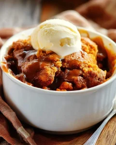 Warm Pumpkin Cobbler topped with vanilla ice cream and caramel sauce in a white ramekin.