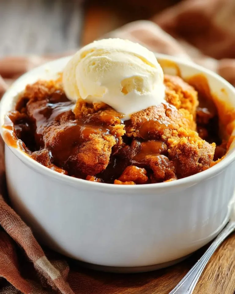 Warm Pumpkin Cobbler topped with vanilla ice cream and caramel sauce in a white ramekin.
