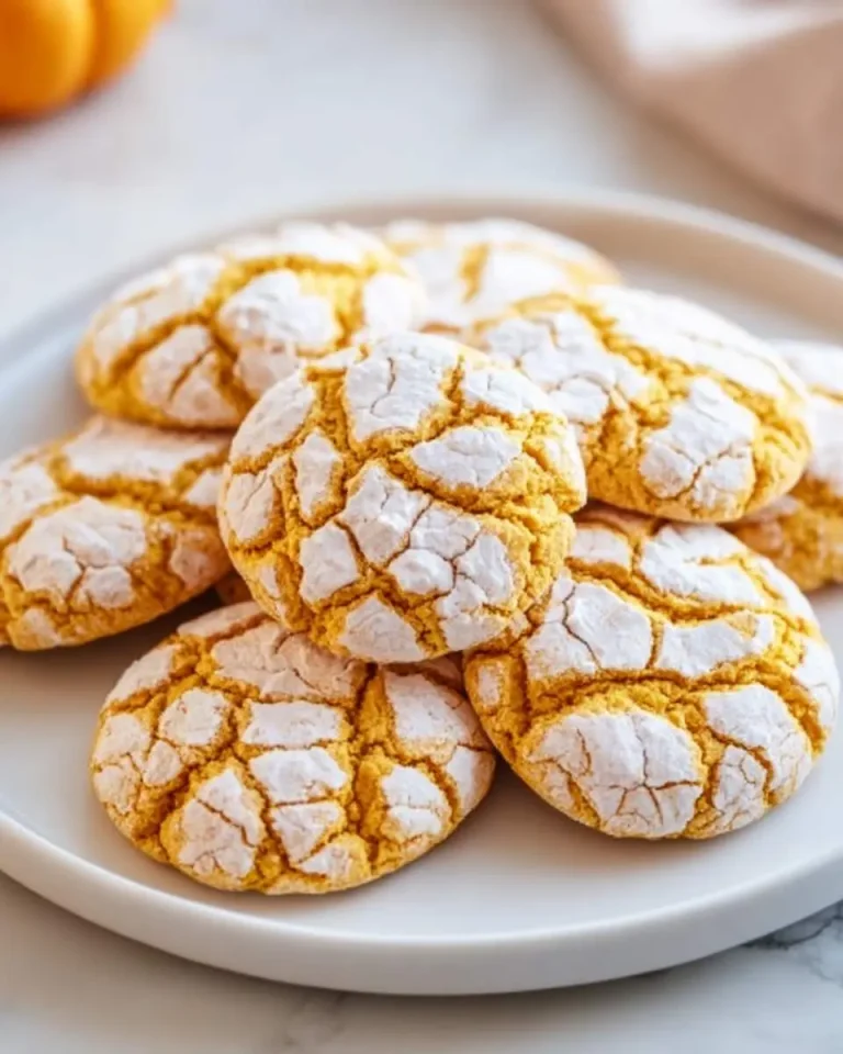 A stack of golden Pumpkin Crinkle Cookies with powdered sugar crackled tops arranged on a white plate.