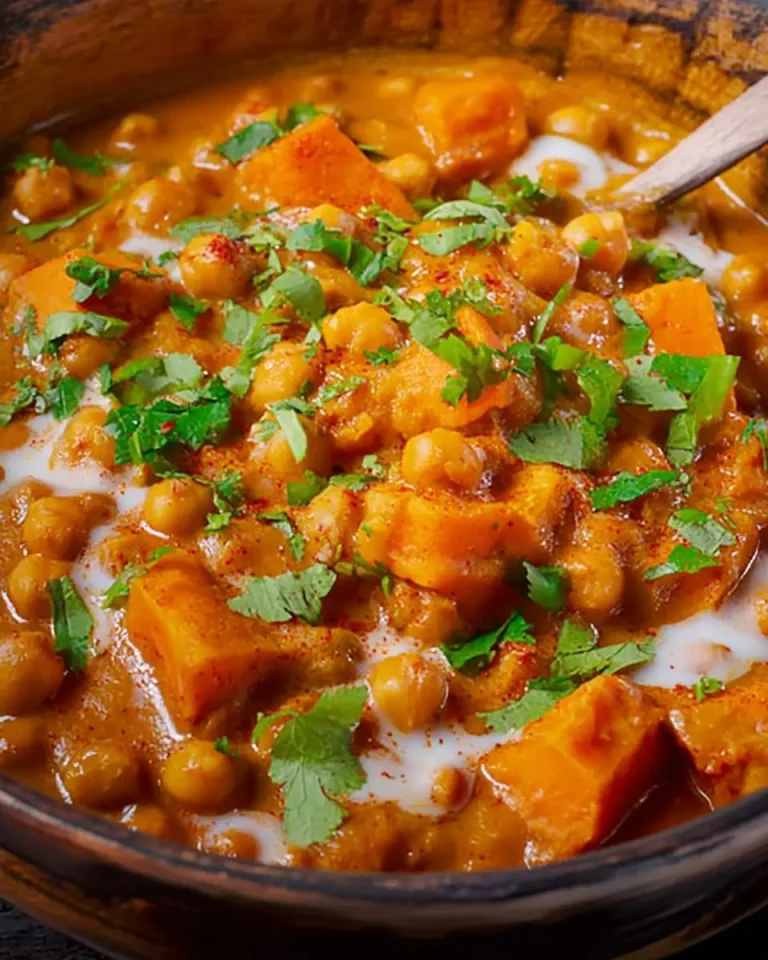 A bowl of creamy Pumpkin Curry with Chickpeas garnished with fresh cilantro and a drizzle of coconut milk.