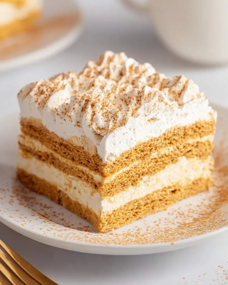 A slice of layered Pumpkin Icebox Cake with whipped cream topping and cinnamon dusted on a white plate.