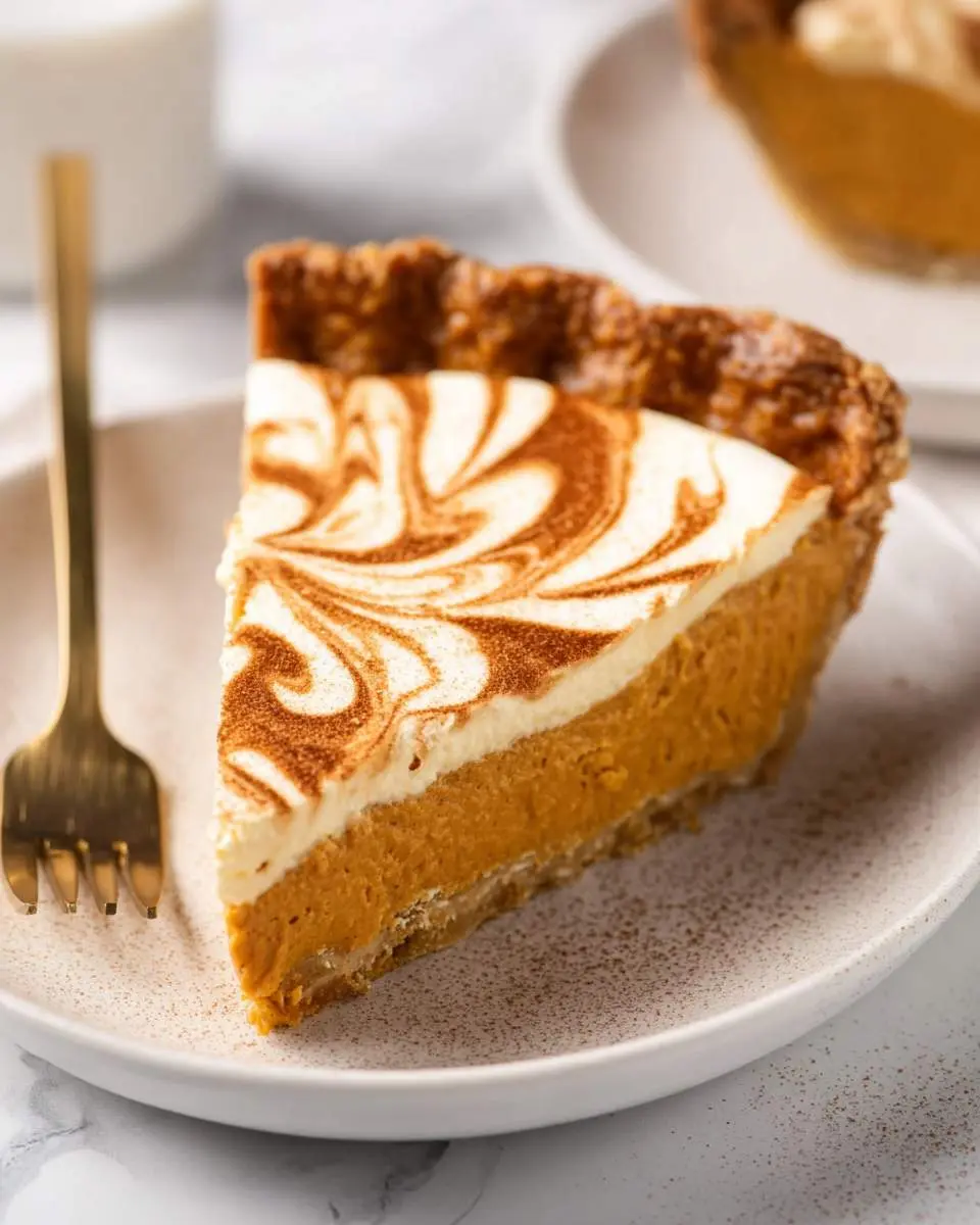 A slice of Pumpkin Mascarpone Pie with a swirled mascarpone topping and cinnamon dusting on a white plate with a gold fork.