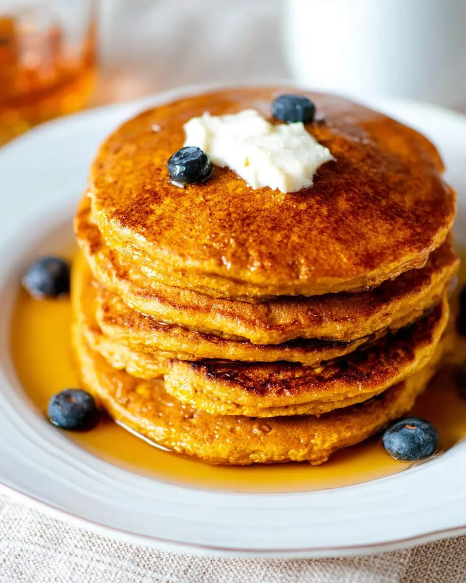 Stack of golden pumpkin pancakes topped with butter, blueberries, and maple syrup on a white plate.