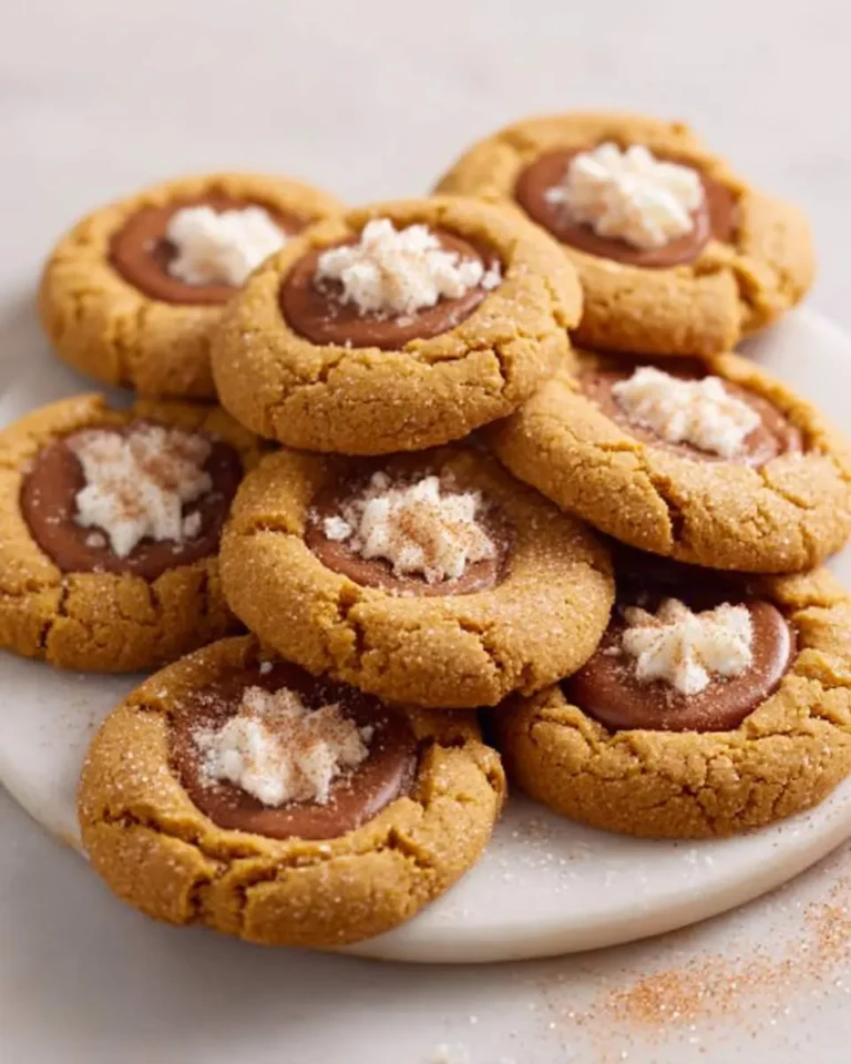 Stack of golden Pumpkin Pie Cookies with chocolate centers topped with whipped cream and cinnamon on a white plate.