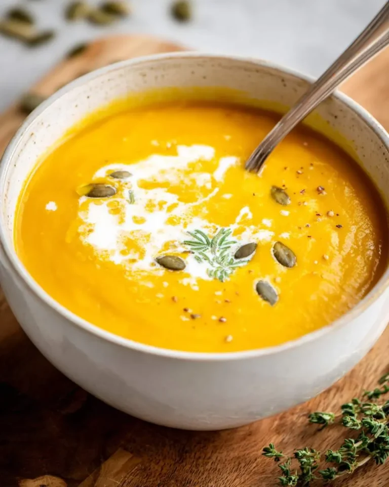 Creamy pumpkin soup with coconut milk in a white bowl, topped with seeds and herbs.