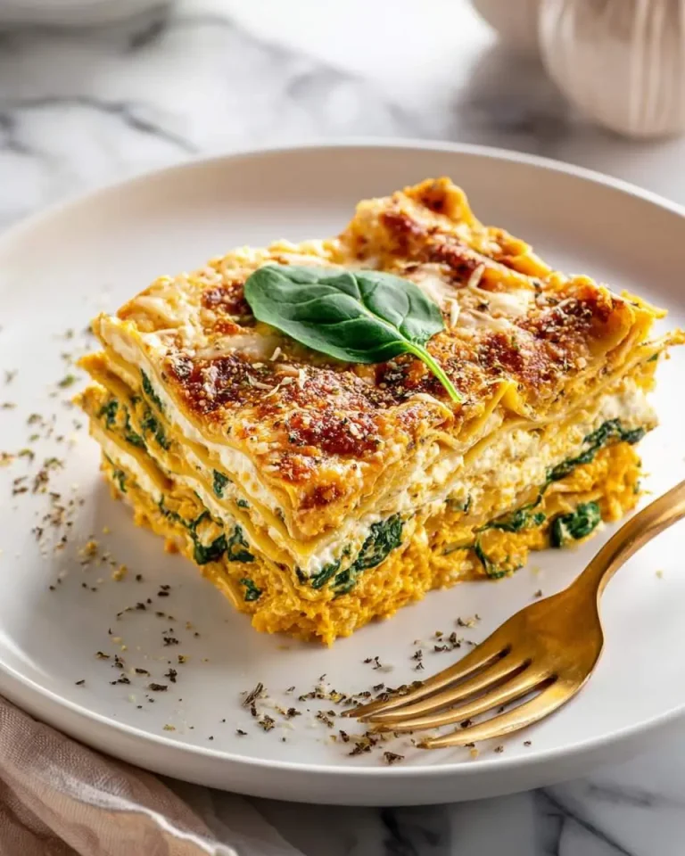 A slice of layered Pumpkin Spinach Lasagna on a white plate, topped with a fresh basil leaf and a golden fork beside it.