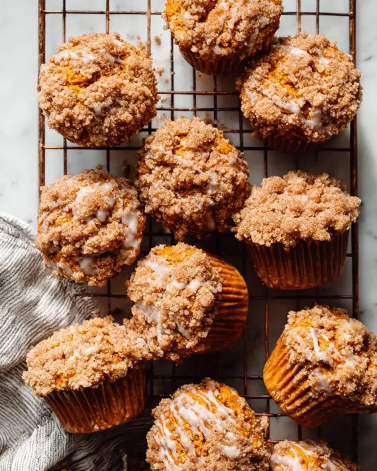 Pumpkin Streusel Muffins with crumb topping and glaze cooling on a wire rack.