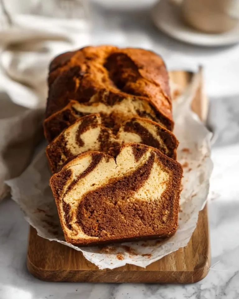 Sliced loaf of Pumpkin Swirl Bread with beautiful marbled pattern on a wooden cutting board.