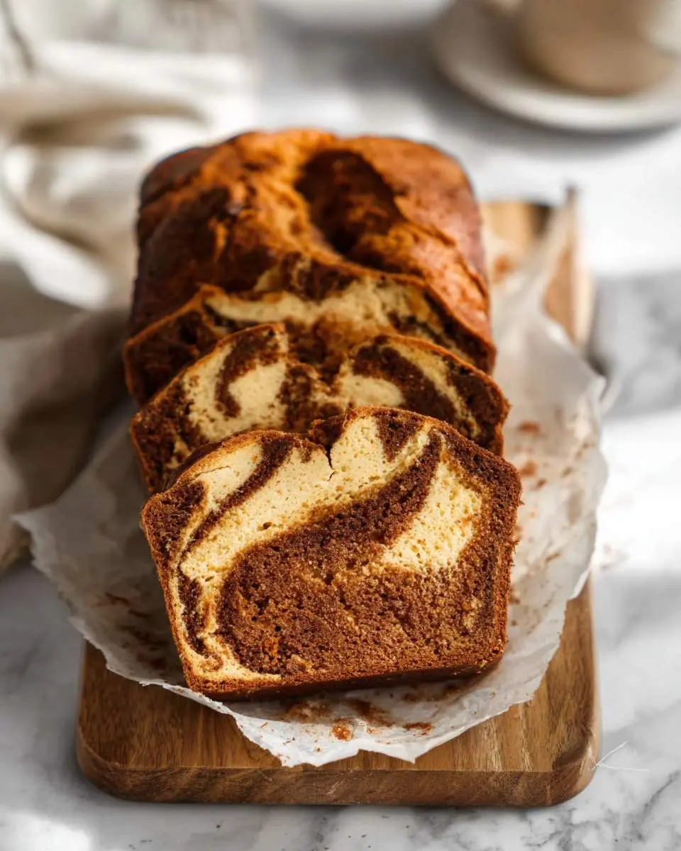 Sliced loaf of Pumpkin Swirl Bread with beautiful marbled pattern on a wooden cutting board.