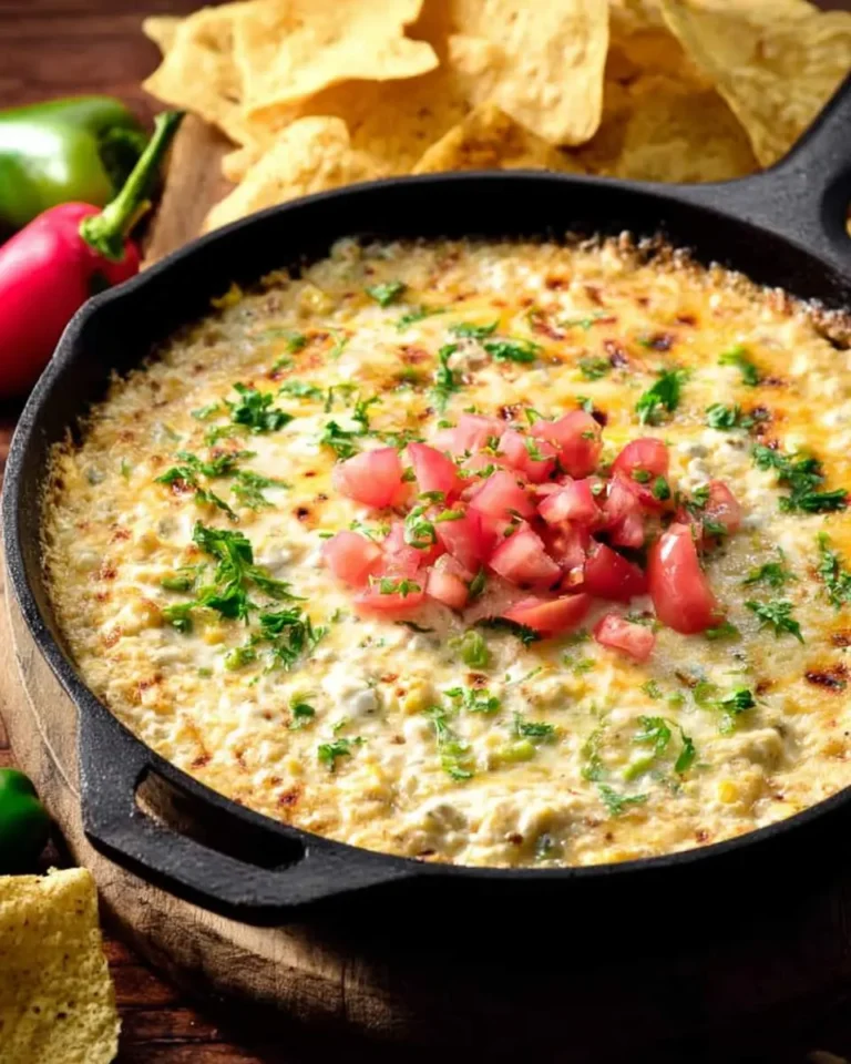 Baked Queso Verde Corn Dip in a cast iron skillet topped with fresh tomatoes and herbs, served with tortilla chips.