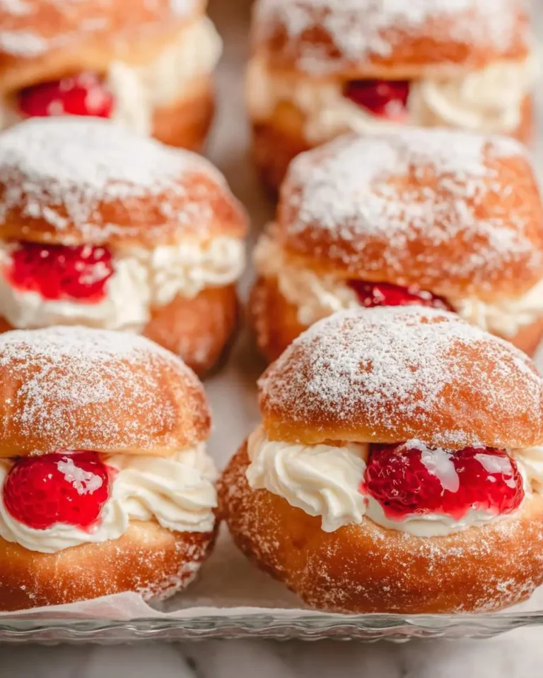 Close-up of Raspberry Cream Stuffed Brioche Donuts dusted with powdered sugar, arranged in rows.