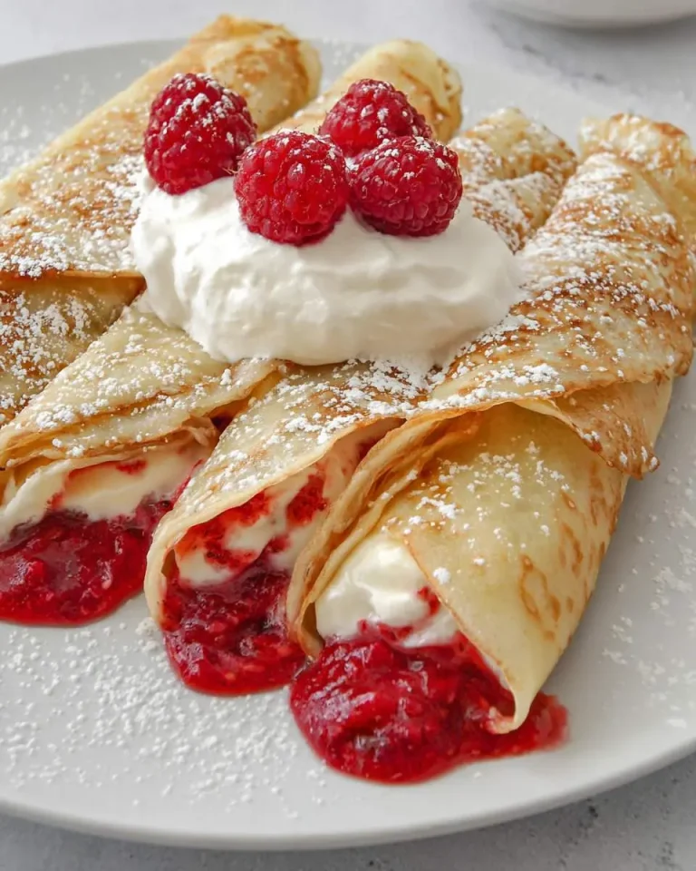 Raspberry Vanilla Cream Crepes rolled on a white plate, topped with whipped cream, fresh raspberries, and powdered sugar.