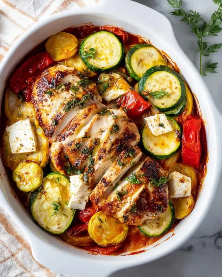 Ratatouille Baked Chicken with sliced chicken breast, zucchini, yellow squash, tomatoes, and feta cheese in a white baking dish.