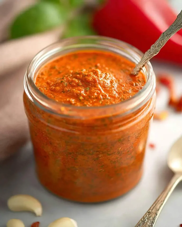 A glass jar filled with vibrant red pepper pesto with a decorative spoon inserted, surrounded by fresh ingredients.
