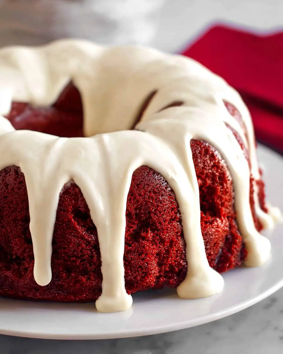 A Red Velvet Bundt Cake with creamy white icing drizzled over the top sits on a white plate.