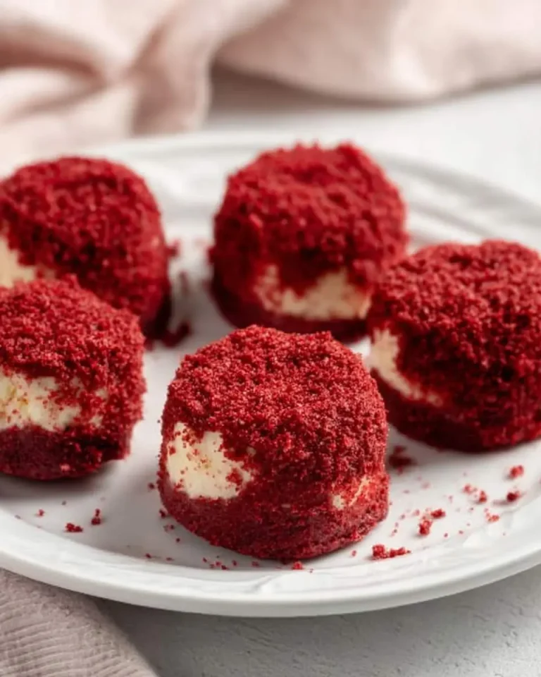 Five Red Velvet Cheesecake Bites coated in red crumbs sit on a white plate, revealing creamy centers.