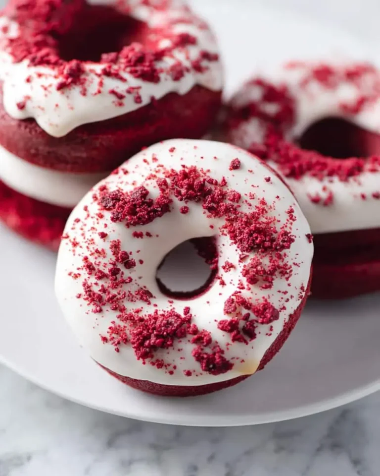 Three Red Velvet Donuts with white cream cheese glaze and red velvet crumbles on a white cake stand.