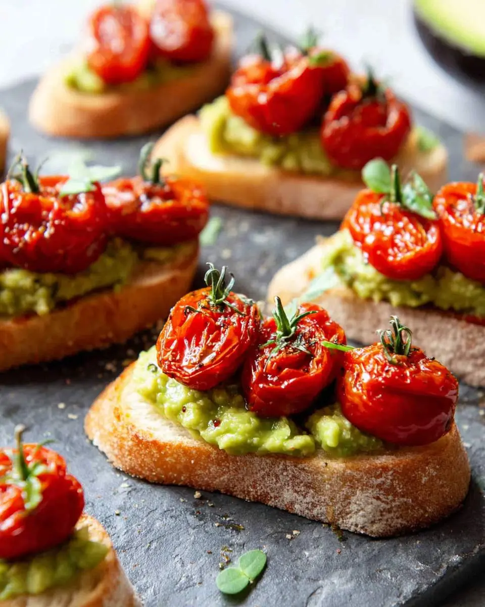 Roasted Tomato Crostini with Avocado on toasted bread slices topped with herbs.