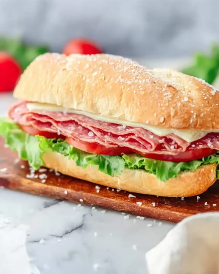 A delicious Salami Sandwich recipe with fresh lettuce, tomato, and cheese on a crusty roll sprinkled with salt.
