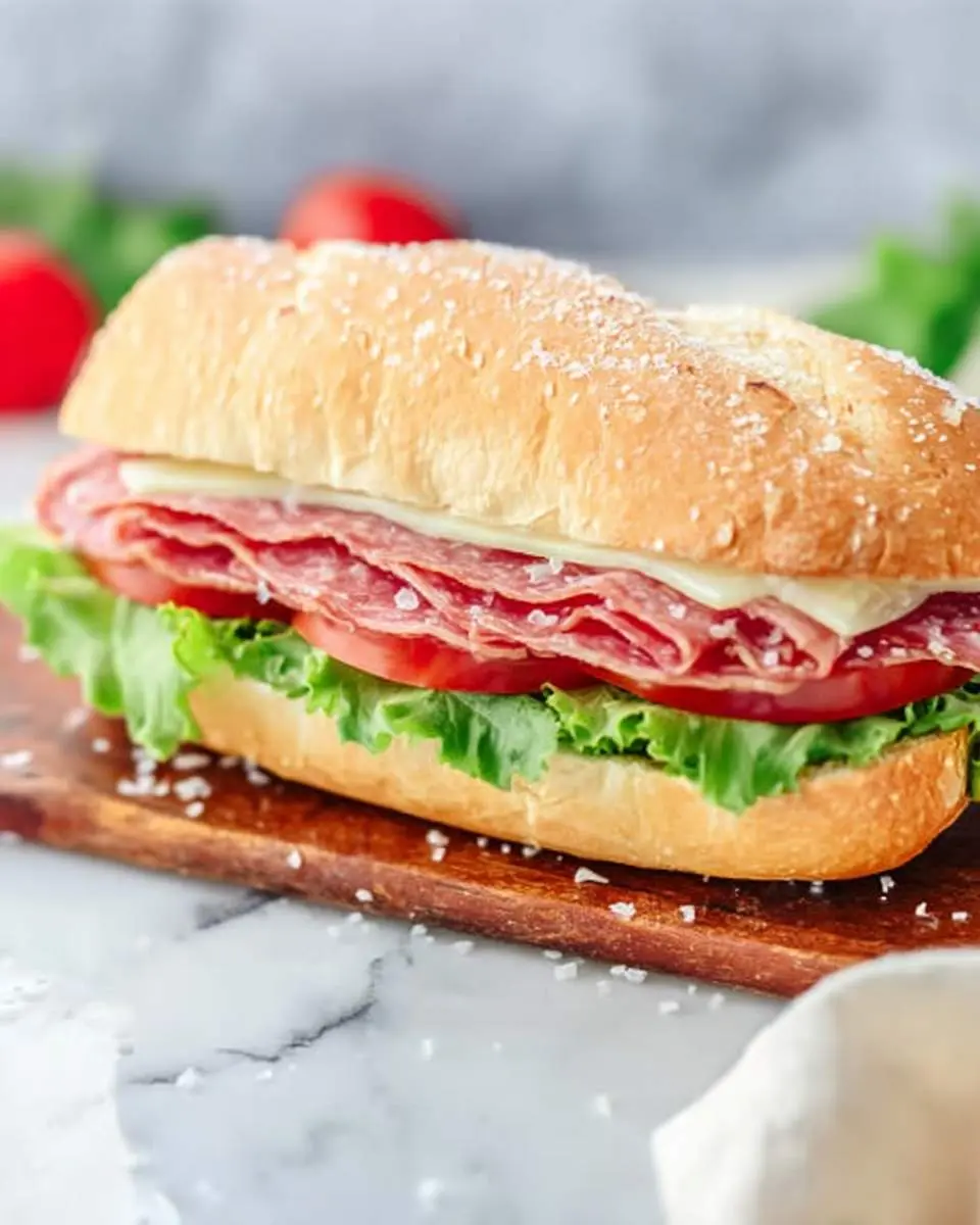 A delicious Salami Sandwich recipe with fresh lettuce, tomato, and cheese on a crusty roll sprinkled with salt.
