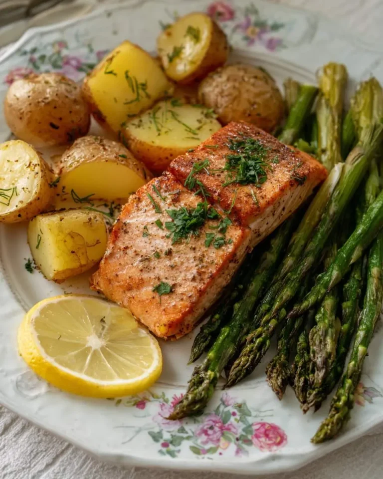 A plate of Salmon Potatoes and Asparagus Sheet Pan Dinner with lemon and herbs.
