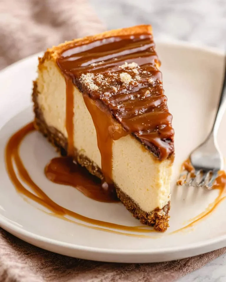 A slice of creamy Salted Caramel Cheesecake with graham cracker crust, topped with caramel drizzle and sea salt.