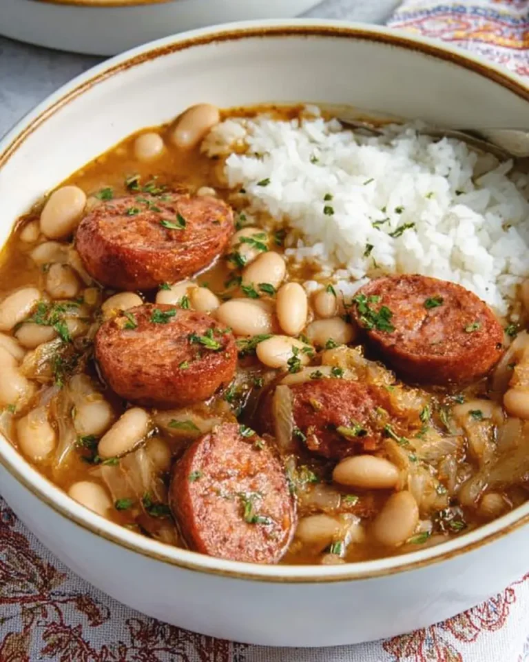 A bowl of Sausage and White Bean Skillet served with white rice and garnished with fresh herbs.