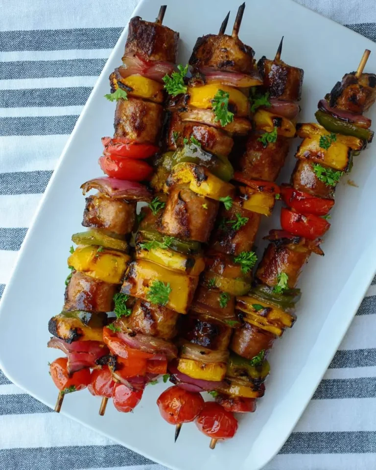 Grilled sausage kabobs with colorful bell peppers, onions, and pineapple on wooden skewers served on a white platter.