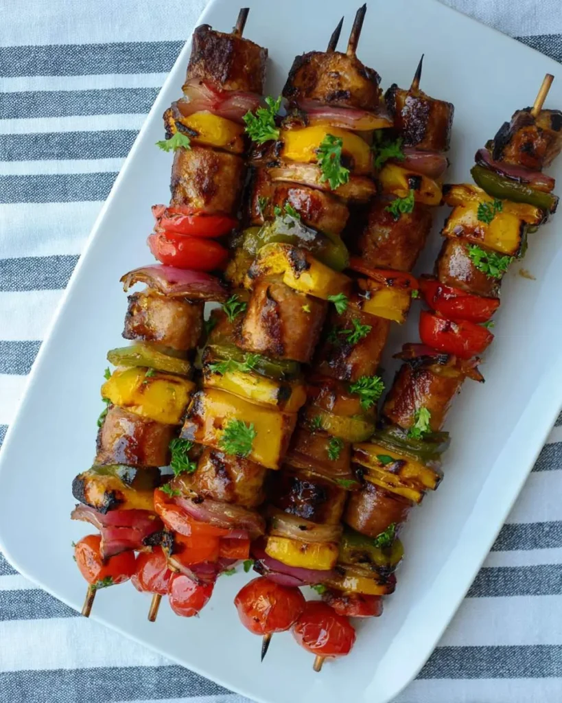 Grilled sausage kabobs with colorful bell peppers, onions, and pineapple on wooden skewers served on a white platter.