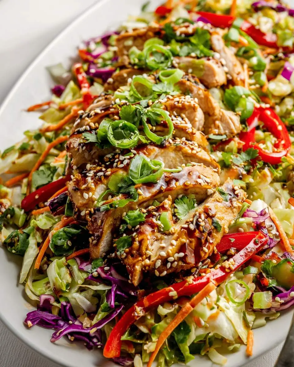 Sesame Chicken Cabbage Crunch Salad with sliced grilled chicken, colorful vegetables, and sesame seeds on a white plate.