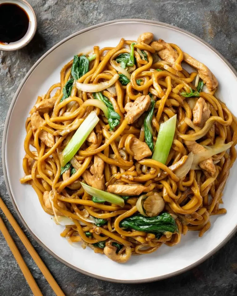 A plate of Shanghai Stir-Fried Noodles With Chicken featuring thick noodles, tender chicken pieces, and fresh green vegetables.