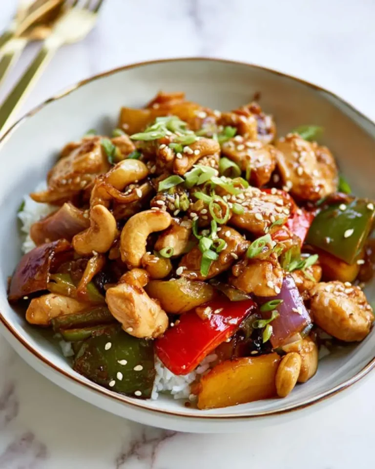 Sheet Pan Cashew Chicken served over white rice in a bowl, topped with sesame seeds and green onions.