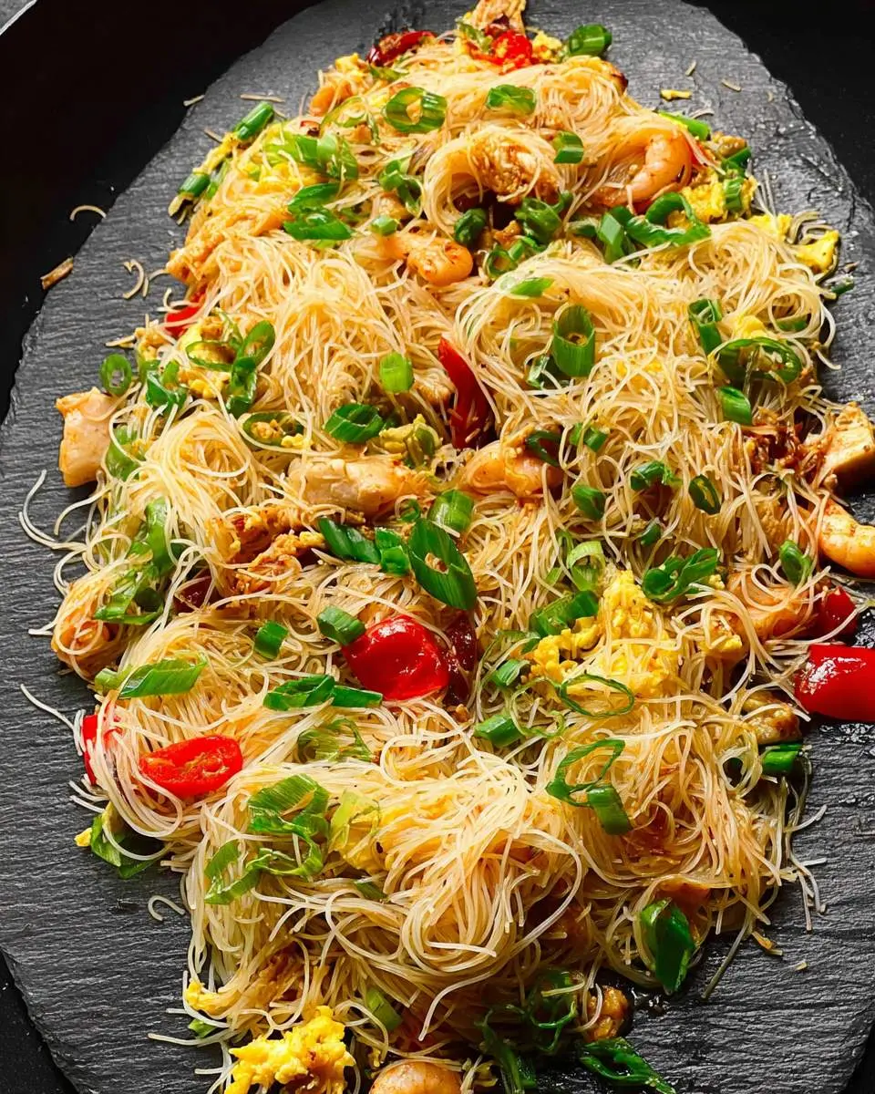 A platter of Singapore Rice Noodles with shrimp, chicken, eggs, and green onions on a black slate serving board.