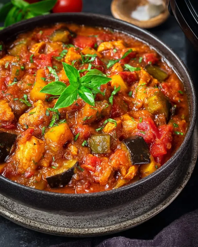 A bowl of Slow Cooker Chicken Ratatouille topped with fresh basil, featuring tender chicken and vegetables in a rich tomato sauce.