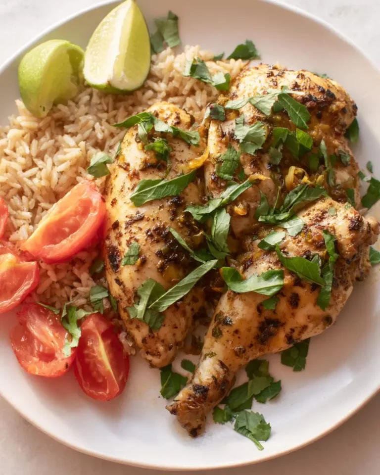 Slow Cooker Mojo Chicken served with rice, fresh tomatoes, lime wedges, and cilantro on a white plate.