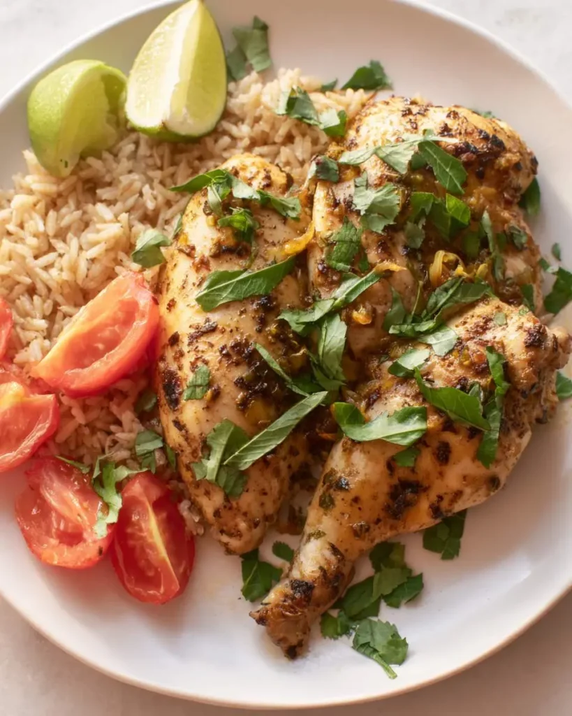 Slow Cooker Mojo Chicken served with rice, fresh tomatoes, lime wedges, and cilantro on a white plate.