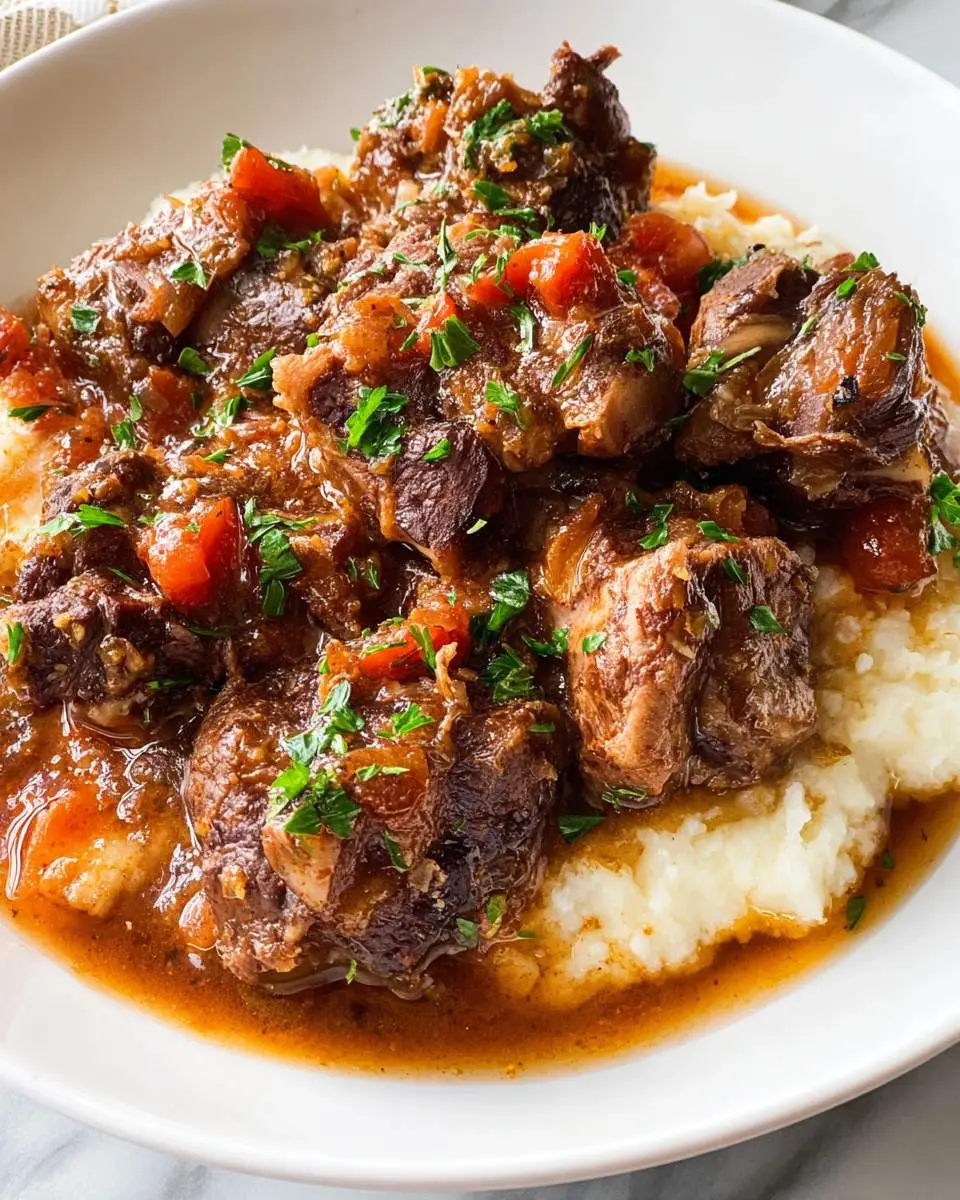 Tender slow cooker oxtails served over creamy mashed potatoes, garnished with fresh herbs and rich gravy.