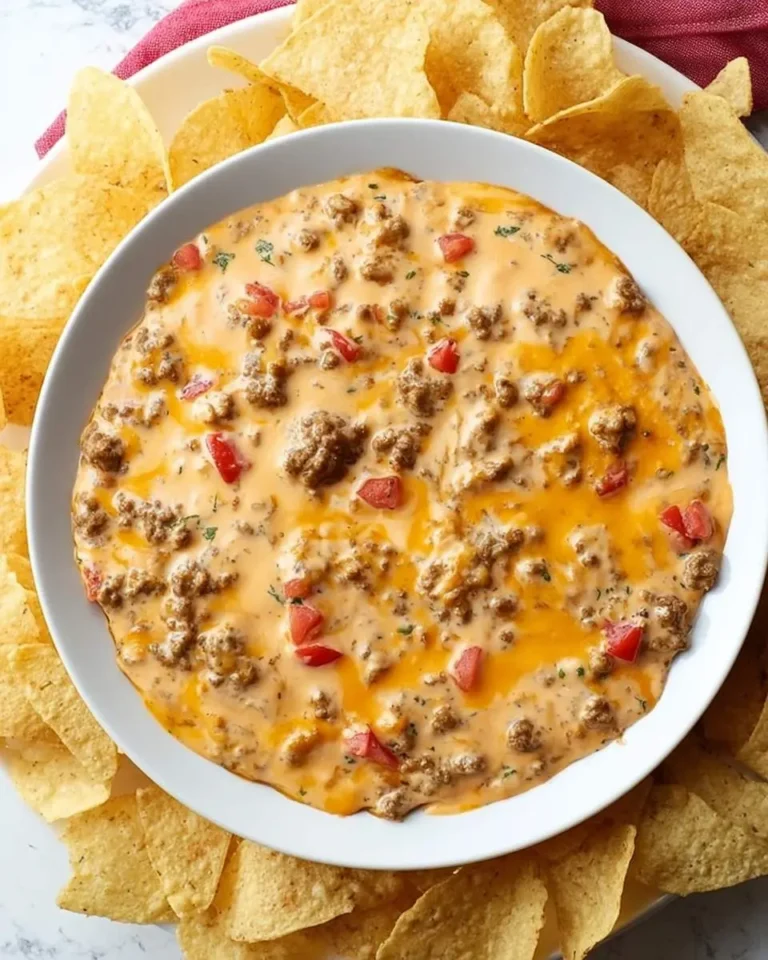 Creamy Slow Cooker Sausage Cheese Dip served in a white bowl surrounded by tortilla chips, topped with diced tomatoes and herbs.