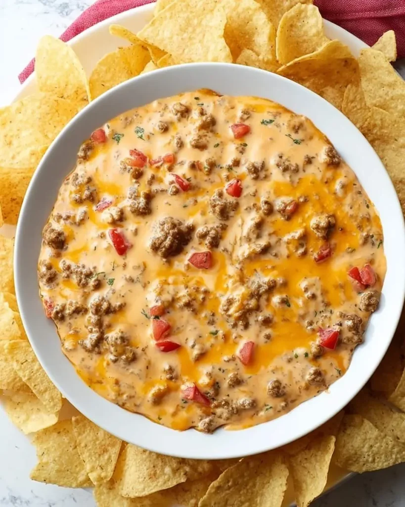 Creamy Slow Cooker Sausage Cheese Dip served in a white bowl surrounded by tortilla chips, topped with diced tomatoes and herbs.