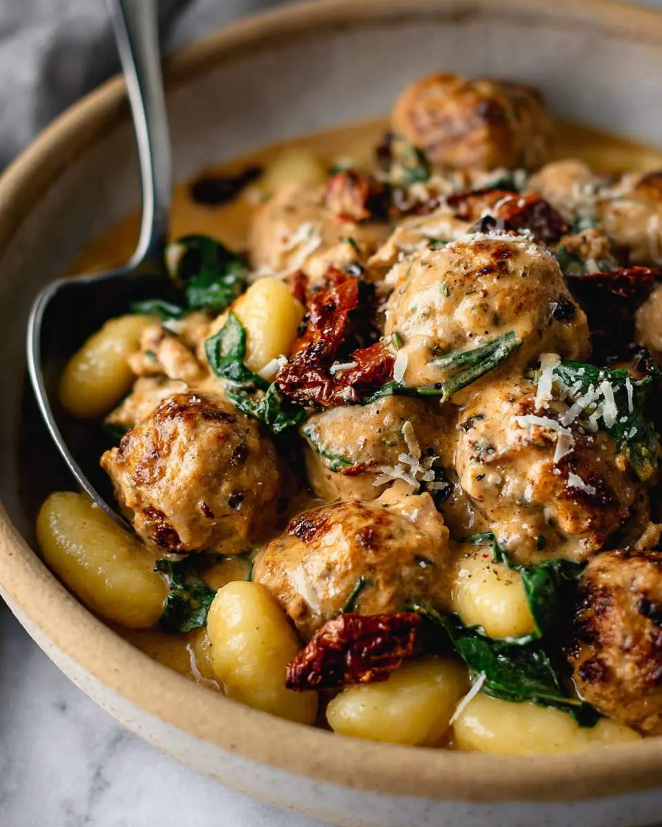 Slow Cooker Tuscan Chicken Meatballs with Gnocchi in a creamy sauce with spinach and sun-dried tomatoes.